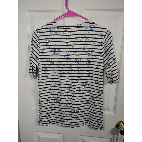 LL Bean Top Shirt Women XS Blue Cream Supima Cotton Striped Floral Casual Pullov - Picture 7 of 7